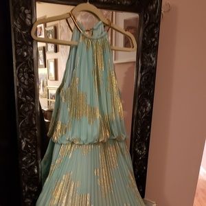 Aqua and gold necklace gown